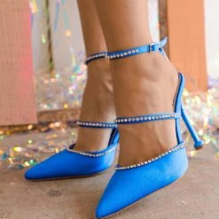 Liliana New Blue Satin Rhinestone Strap Heels
