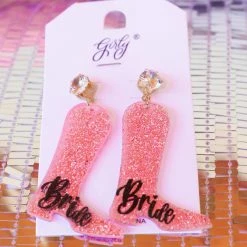 Girly New Pink Glitter Boot "Bride" Earrings
