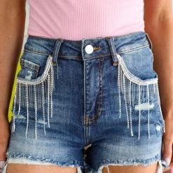 Risen Dezzi Dark Wash Rhinestone Shorts New