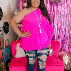 Oddi Belle Fuchsia One Shoulder Flowy Top {PLUS} New