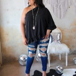 Oddi New *Plus* Black One Shoulder Top