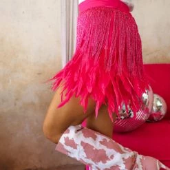La Ros Fuchsia Feather And Fringe Skirt New