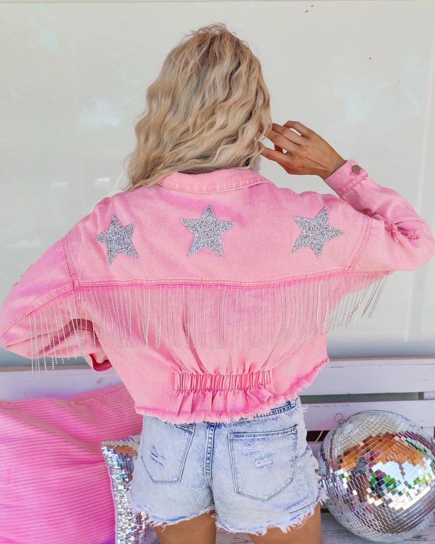 Blue B New Gretchen Pink And Silver Star Detail Denim Jacket