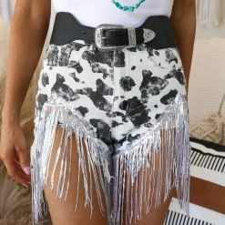 Blue Buttercup Black And White Cow Print Shorts With Fringe New