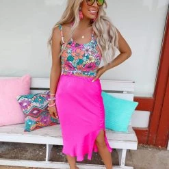 Bucket List New Nicki Neon Fuchsia Midi Skirt