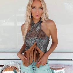Blue Buttercup Fergie Fringe Halter Top