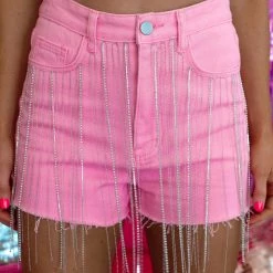 Blue B Marren Pink Denim Rhinestone Fringe Shorts New