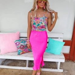 Bucket List New Nicki Neon Fuchsia Midi Skirt