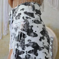 Blue Buttercup Camery Cow Print Shorts With Sequin Fringe Pockets