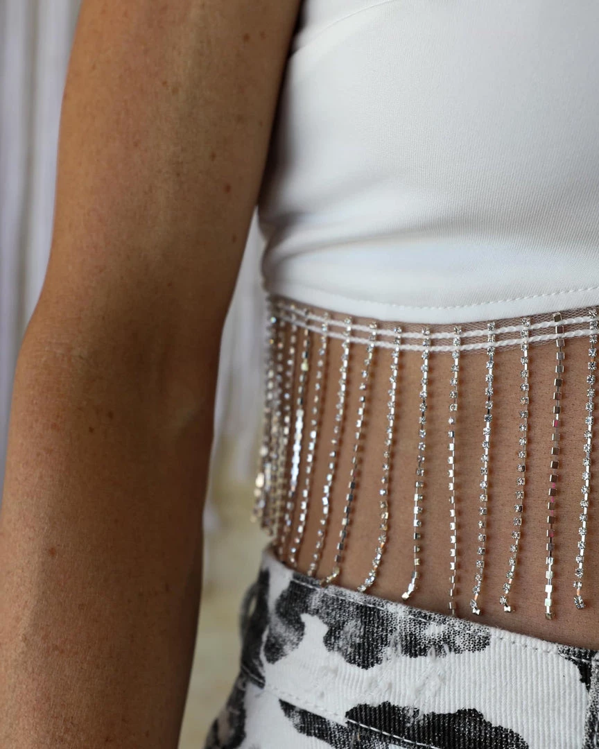 Mundefeis Waverly White Rhinestone Cropped Tank New