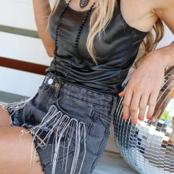 Blue B Baytown Black Distressed Shorts With Rhinestone Fringe Pockets New