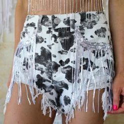 Blue Buttercup Camery Cow Print Shorts With Sequin Fringe Pockets