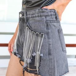 Blue B Baytown Black Distressed Shorts With Rhinestone Fringe Pockets New