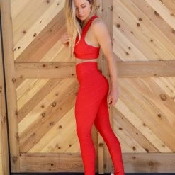 Love Sense Red Ruched + Textured Active Wear Set
