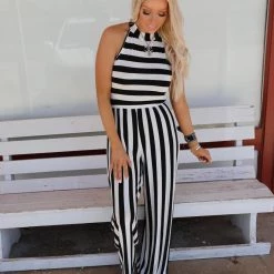Veveret Apparel Black And White Striped Sleeveless Jumpsuit