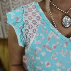 The Lace Cactus Aqua Multi Color Leopard Ruffle Sleeve Top Apparel
