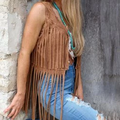 Blue Buttercup New Camel Mineral Wash Fringe Vest