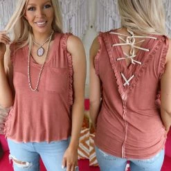 POL Brick Red Lace-Up Back Ruffle Tank Top Apparel