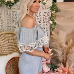 Lovely Melody Apparel Haydee Heathered Gray Crochet Romper