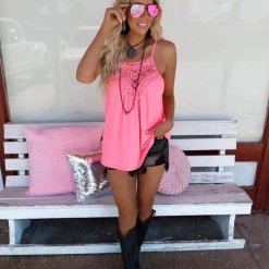 Riri Nancie Neon Pink Crochet Front Tank Top