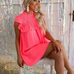 Jodiful New Nelda Neon Pink Ruffle Detail Dress