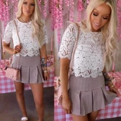 Baevely Apparel Gretchen Taupe Gingham Pleated Skort