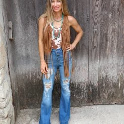 Blue Buttercup New Camel Mineral Wash Fringe Vest