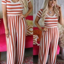 Veveret Apparel Copper And White Striped Jumpsuit