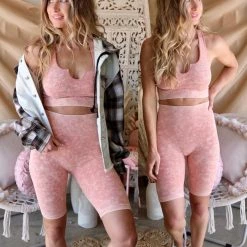 Double Zero Teak Rose Ribbed Mineral Washed Sports Top + Biker Shorts Set Apparel