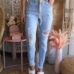 American Bazi Light Blue High Waist Distressed Denim Jogger Pants