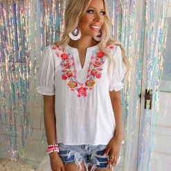 Jodiful New White Neon Floral Embroidered Blouse