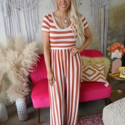 Veveret Apparel Copper And White Striped Jumpsuit