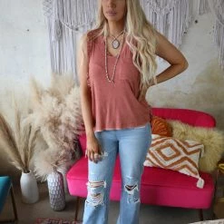 POL Brick Red Lace-Up Back Ruffle Tank Top Apparel