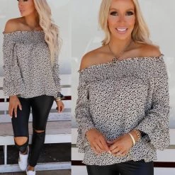 And The Why Ivory Leopard Off Shoulder Bell Sleeve Top Apparel