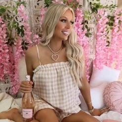 Lime N Chili Teagan Taupe Gingham Cami And Shorts Pajama Set Apparel