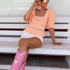 Bibi Apricot Square Neck Crochet Top New