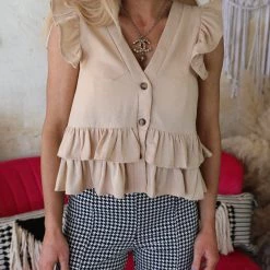 BigHit Kiera Taupe Ruffled Peplum Blouse Apparel