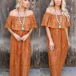 Dress Day Apparel Onna Off Shoulder Lace Espresso Maxi