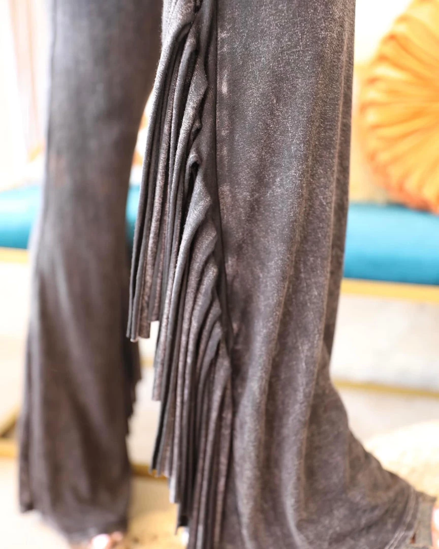 Blue Buttercup Black Mineral Wash Fringe Pants Apparel