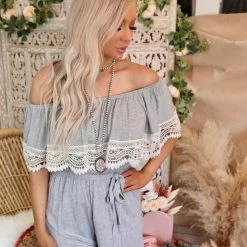 Lovely Melody Apparel Haydee Heathered Gray Crochet Romper