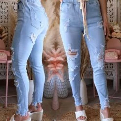 American Bazi Light Blue High Waist Distressed Denim Jogger Pants