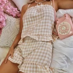 Lime N Chili Teagan Taupe Gingham Cami And Shorts Pajama Set Apparel
