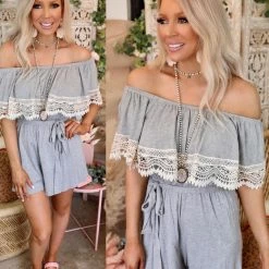 Lovely Melody Apparel Haydee Heathered Gray Crochet Romper