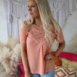 Bi Bi Apparel Peach Crochet Cold Shoulder Top