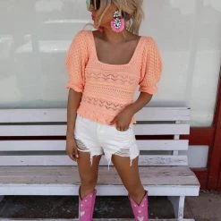 Bibi Apricot Square Neck Crochet Top New