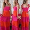 Mainstrip Fuchsia And Orange Colorblock Maxi Dress