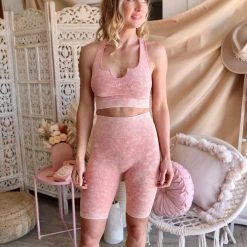 Double Zero Teak Rose Ribbed Mineral Washed Sports Top + Biker Shorts Set Apparel