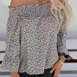 And The Why Ivory Leopard Off Shoulder Bell Sleeve Top Apparel