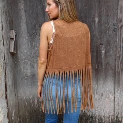 Blue Buttercup New Camel Mineral Wash Fringe Vest