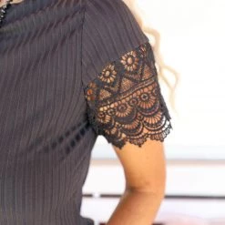 Crazy Train Fancy Choice Solid Black Crochet Sleeve Top
